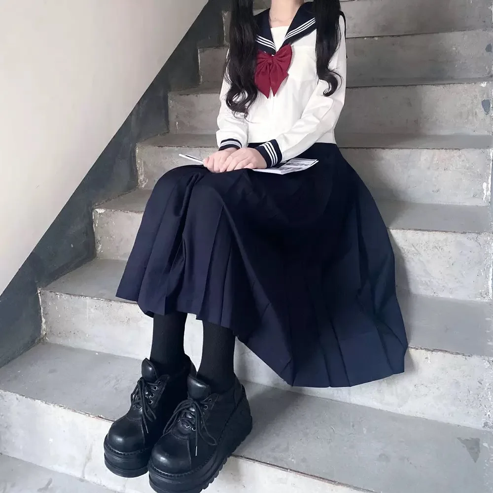 

Japanese school uniform girls plus size Jk suit red tie white three basic sailor uniform women's long skirt suit