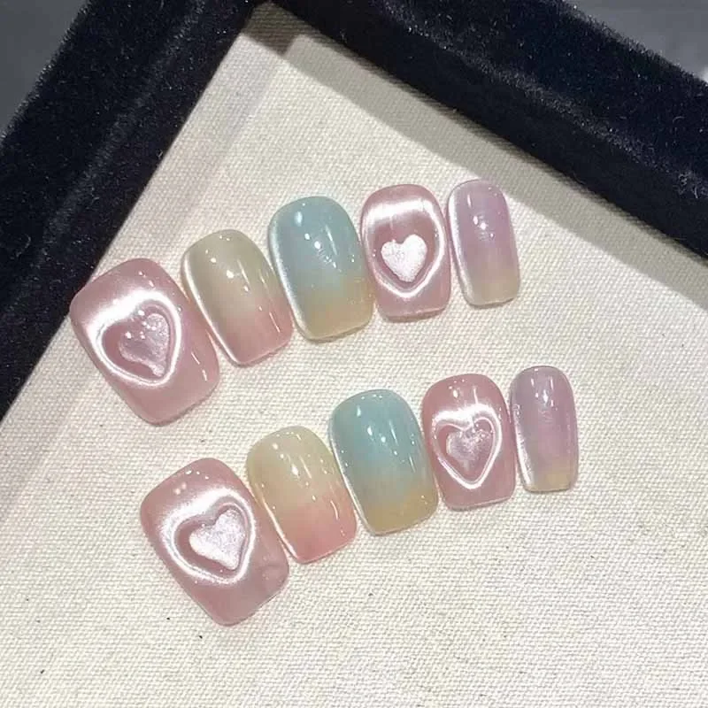 10 Stücke Frauen 3D Liebe Form Nette Katzenaugen Handgemachte Drücken Sie auf Nägel Abnehmbare Nagel Patches Künstliche Nägel Nagelstück Tragbare Nagelspitzen