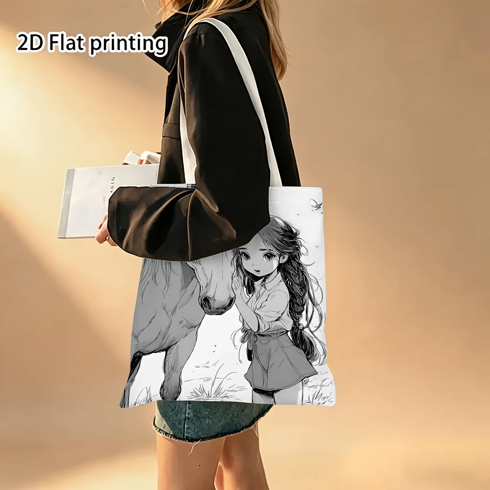 1pc, Girl with Horse Tote Bag Shopping Bag, Whimsical Fantasy Art Canvas Bag for Horse Lovers, Casual Everyday Shoulder Bag, Mag