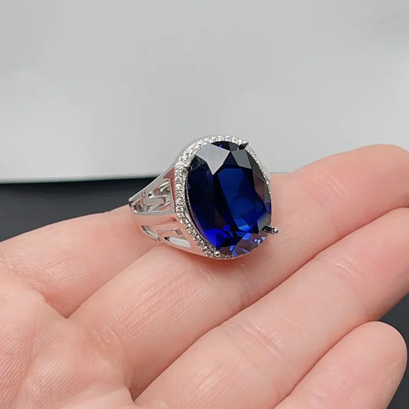 Royal Blue Man Made Sapphire Ring for Men 13mm*18mm Blue Crysal 925 Silver Ring with 3 Layers 18K Gold Plating