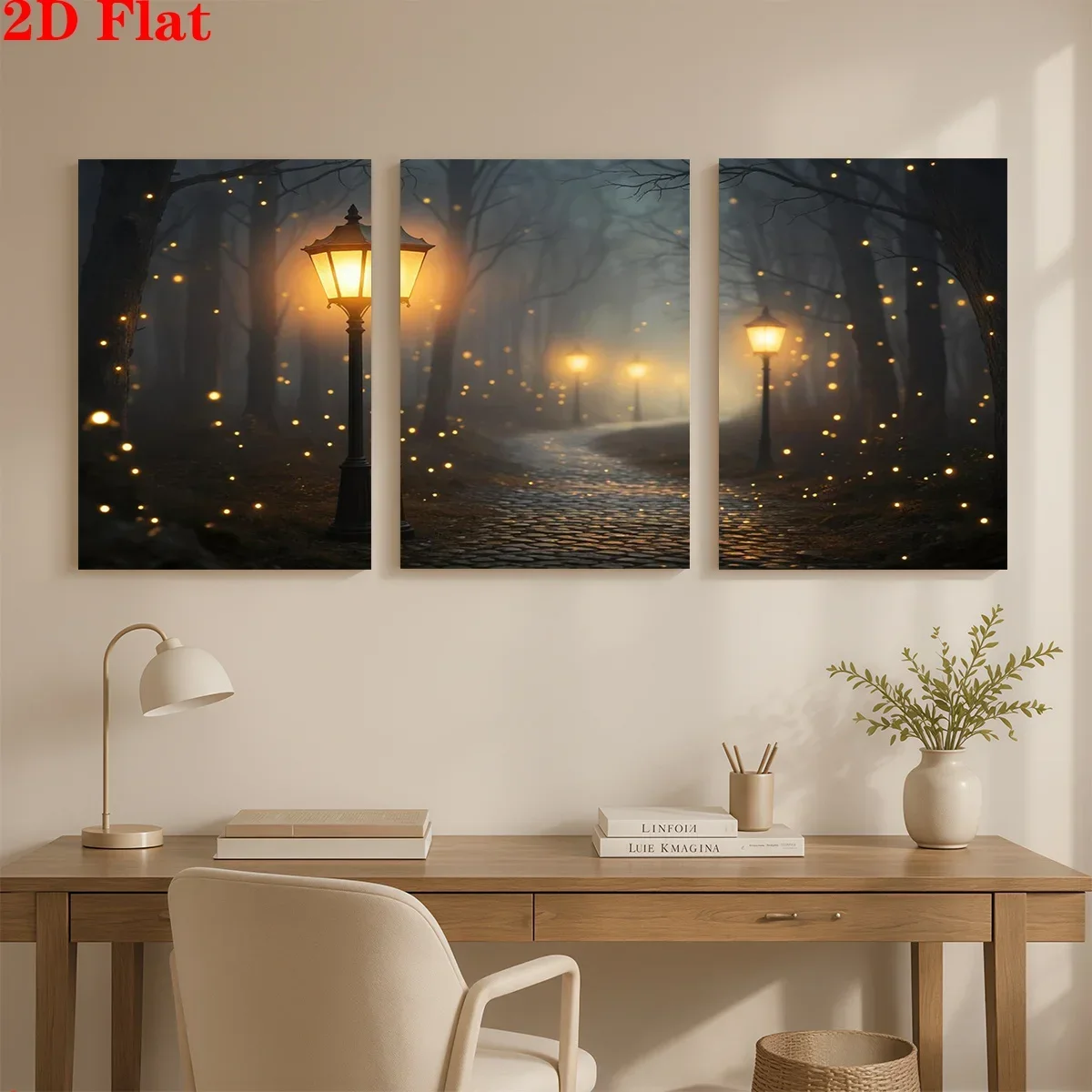 (No frame)2D 3pcs Canvas Art Wall Hanging- A misty path with lit lanterns and glowing orbs. Suitable for Decorating Offices,