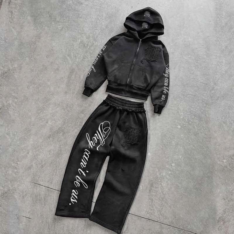 Ensemble de survêtement à broderie en détresse gris, Y2K Streetwear surdimensionné à capuche et pantalon pour femmes, tenue décontractée énervé en deux pièces