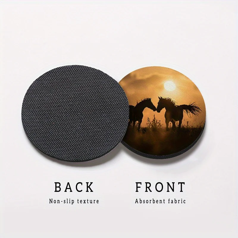 Set Of 2 Coasters Featuring A Couple Of Horse Designs, Designed For Car Cup Holders. These Absorbent Coasters Are Suitable For C