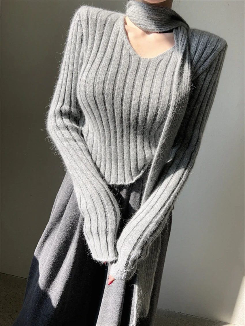 Alien Kitty Warm Sweaters Knitwear Chic Women With Scarf Daily Pullovers Slim New Winter Office Lady Full Sleeve Shoulders Pads