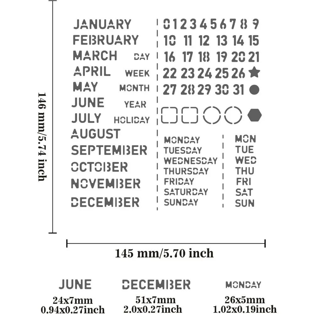 Month Metal Journal Stencil Calendar Stainless Steel Stencil Template for Notebook Diary Scrapbook DIY Drawing Wood Burning