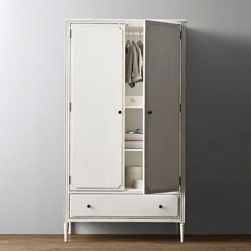 

American RH Furniture Rural Solid Wood Retro Wardrobe French Oak Antique White Children's Simple Double Door