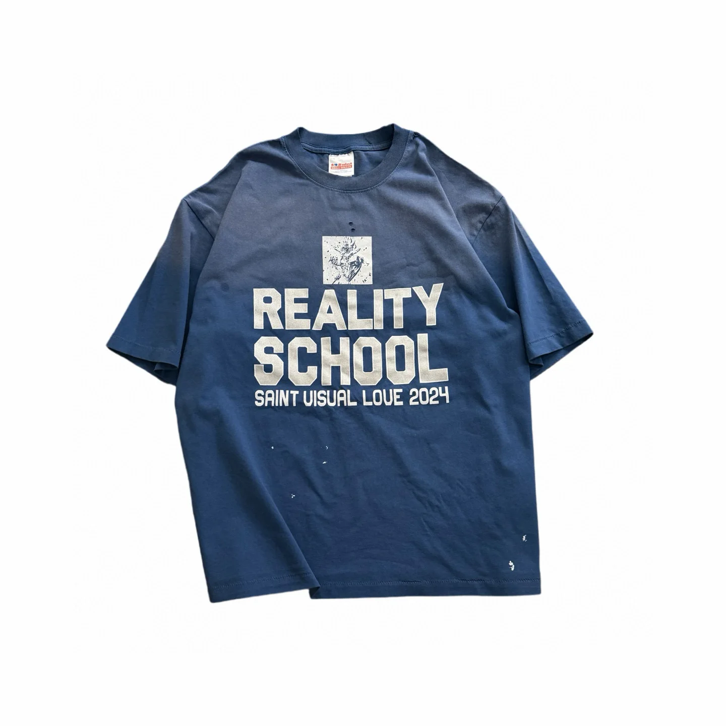 

Saint Mxxxxxx 25SS Blue Worn ort Sve T-irt ex Playund Waed Distred Cotton Casual Summer Top for Youth