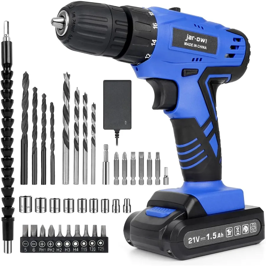 Portable Power Drill Set with 37PCS Drill Bit21V Cordless Drill Driver Kit with Battery and Charger Jar-owl Home Tool Kit with