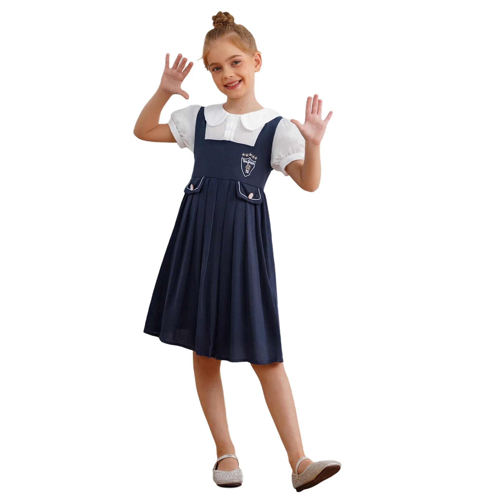 

Kids Girls Dress School Uniform Contrast Color Cute Collar Short Puff Sleeves Belted Pleated Dress for Choir Performance Party