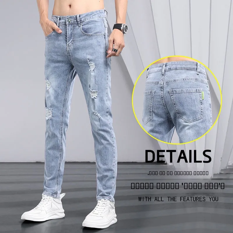 

Summer New Style Men's Slim Fit Stretchy Light Blue Jeans Distressed Casual Long Pants Korean Version Youth Fashion Jeans