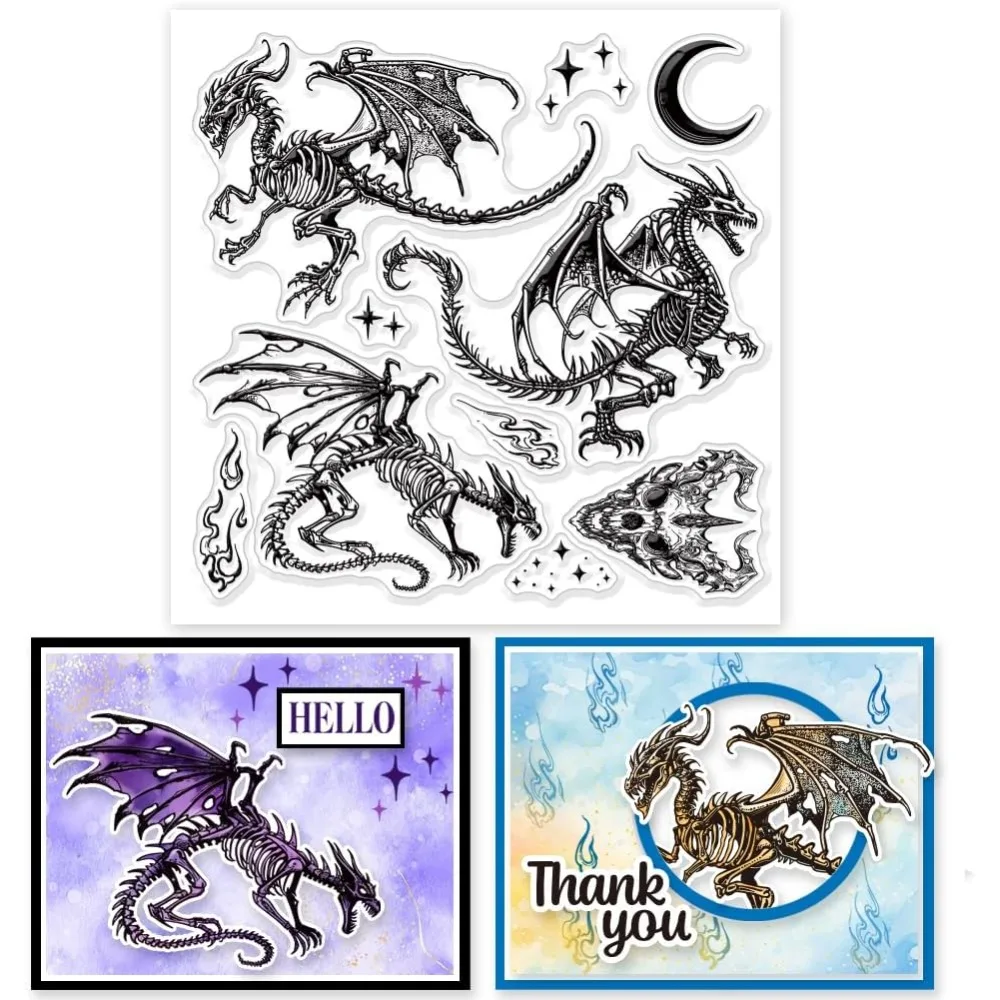 Magic Dragon Clear Stamps 5.91x5.91 inch Skeleton Star Flame Silicone Clear Stamp Transparent Stamps for DIY Scrapbooking