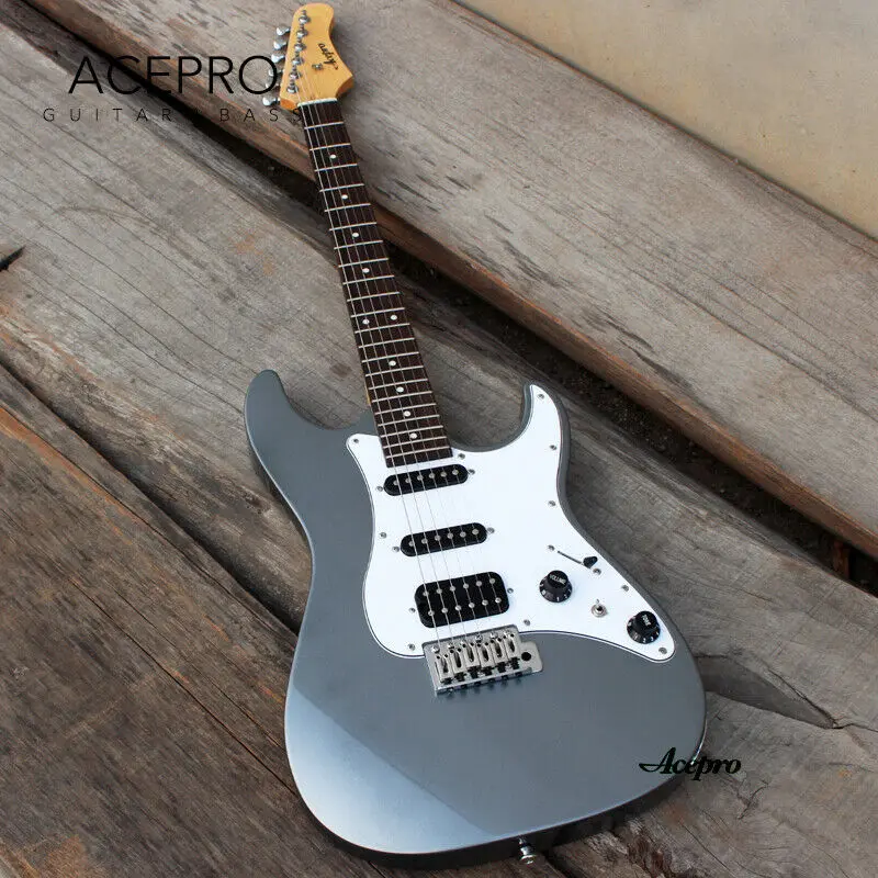 In Stock Acepro Guitars Metallic Grey ST Electric Guitar Tremolo Bridge, S-S-Humbucker Pickups Mini Switch for Split Coil