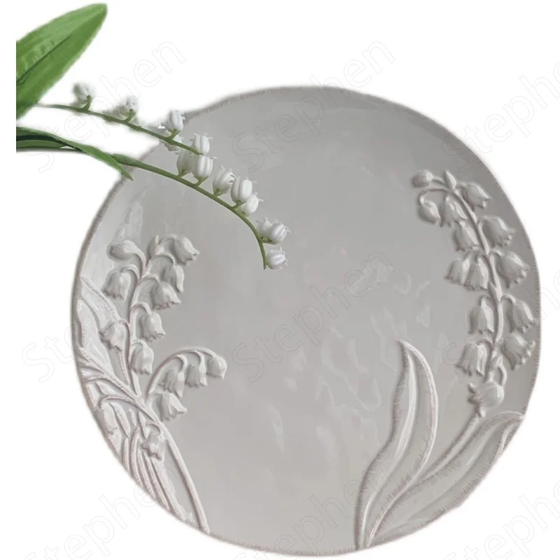 French Embossed Lily of The Valley Dinner Plate European Classical White Cake Dessert Plates Afternoon Tea Bread Dish Tableware