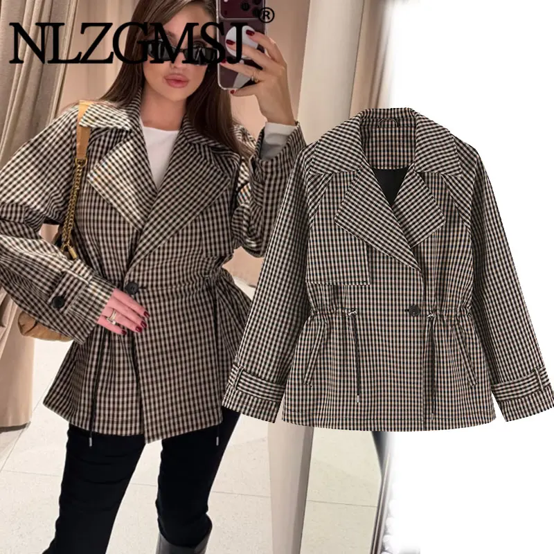 Nlzgmsj 2026 Autumn Women Plaid Short Trench Coat Lapel Drawstring Waist Loose Windbreaker Casual Long Sleeve Outerwear