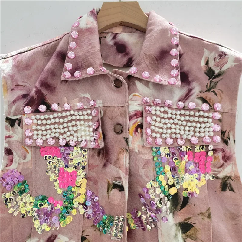Moda Kwiatowy nadruk Perłowy diament Cekiny Różowa krótka kamizelka damska Casual Luźna kamizelka damska z klapami Jednorzędowa kamizelka bez rękawów
