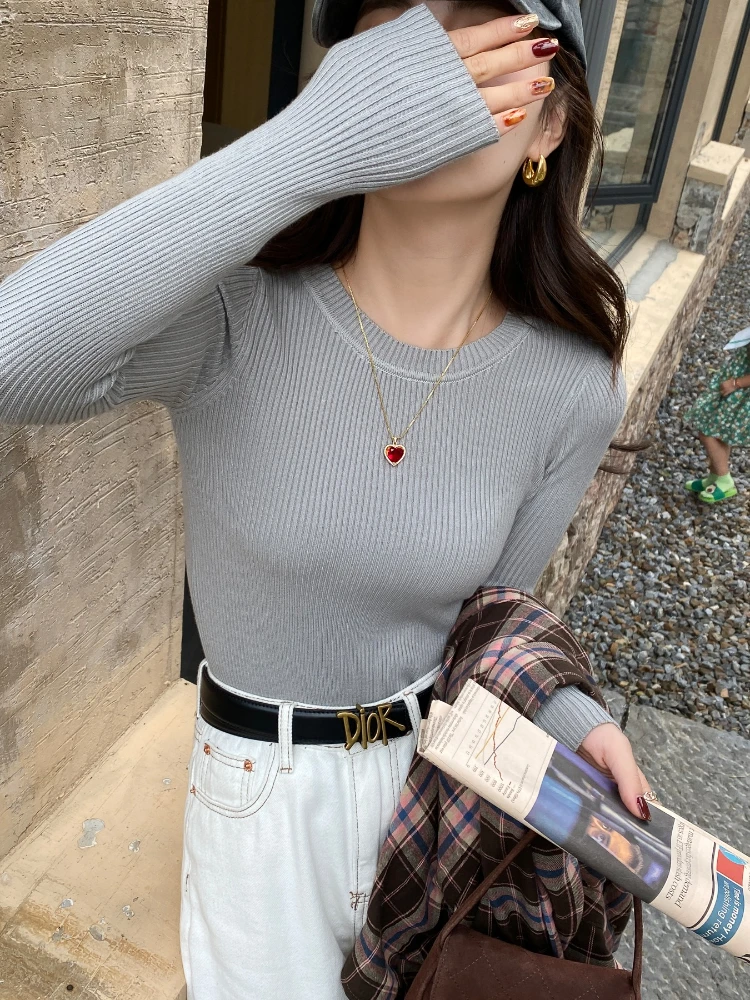 سترة نسائية موضة خريف وشتاء 2025 سترة ضيقة برقبة دائرية وأكمام طويلة بلوفرات أساسية مرنة محبوكة بطبقة أساسية #5