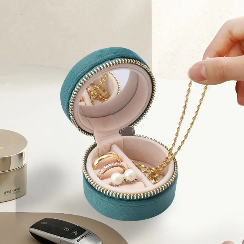 Portable Round Shape Velvet Jewelry Box Mini Zipper Jewelry Case Luxury Dustproof Earrings Rings Bag Women