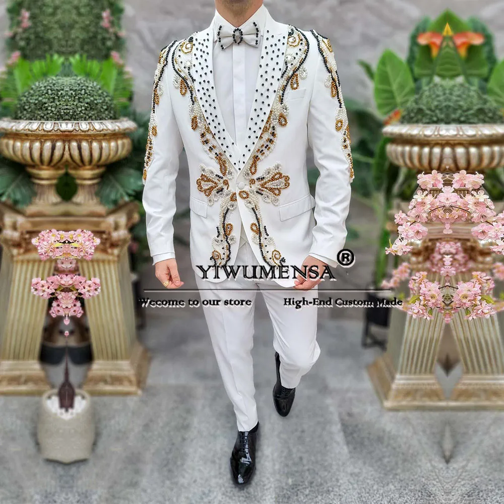 White Man Beaded Pearls Suits Formal Party Groom Wedding Tuxedos Customized Banquet Prom Blazer Male Fashion Terno Masculino