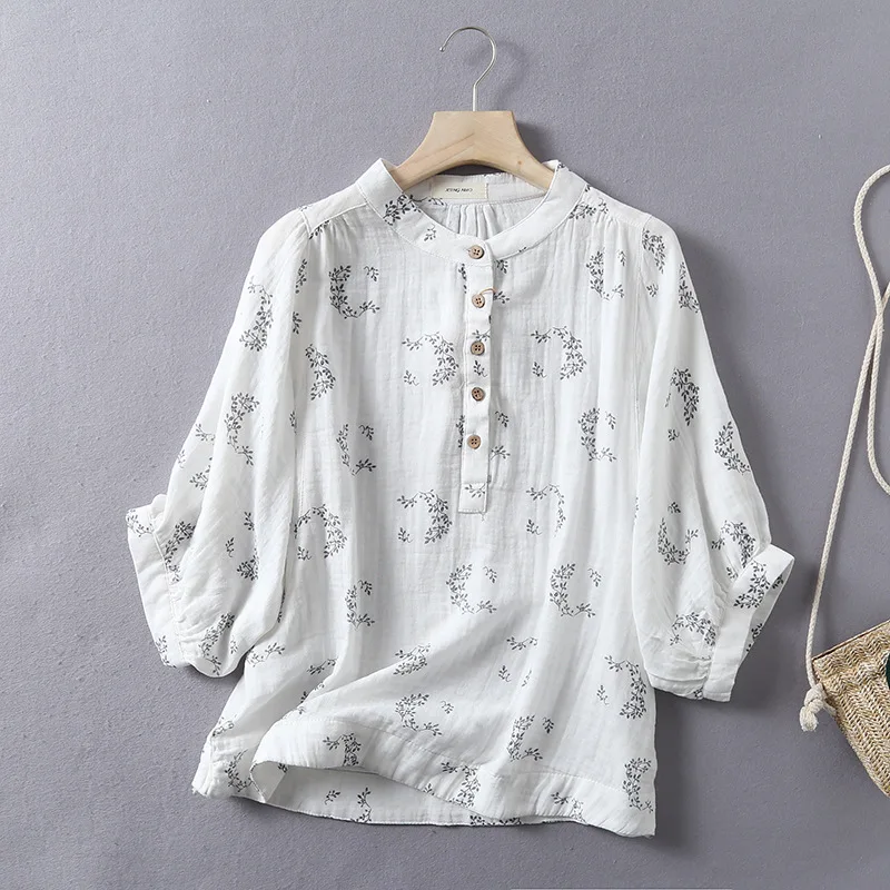 New Spring Cotton Yarn Casual Retro Shirt Women Half Sleeve Stand Neck Floral Top Girl OL Loose OL Blouse 2024 Summer T447116QM