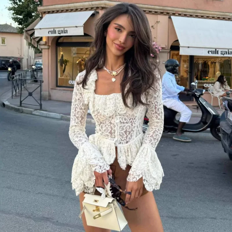 

European and American Women's Clothing Square Collar Long Sleeve Bell Sleeve Lace Shirt Summer African New All-Matching Western