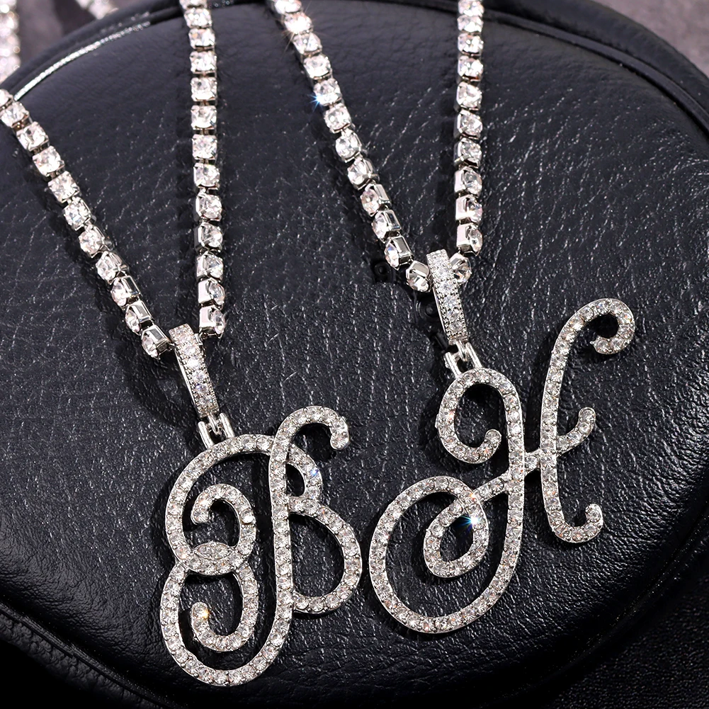 Flatfoosie Fashion A-Z Cursive Letter Crystal Chain Necklace For Women Bling Iced Out Initial Pendant Necklace Hip Hop Jewelry