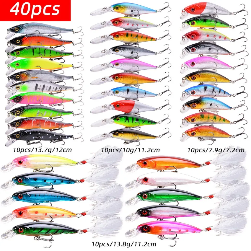 Best Selling 10-40pieces Minnow Fish Set Sea Fishing Lure Bait 3D Eyes Strong Hooks Lures for Sea Fishing Pesca