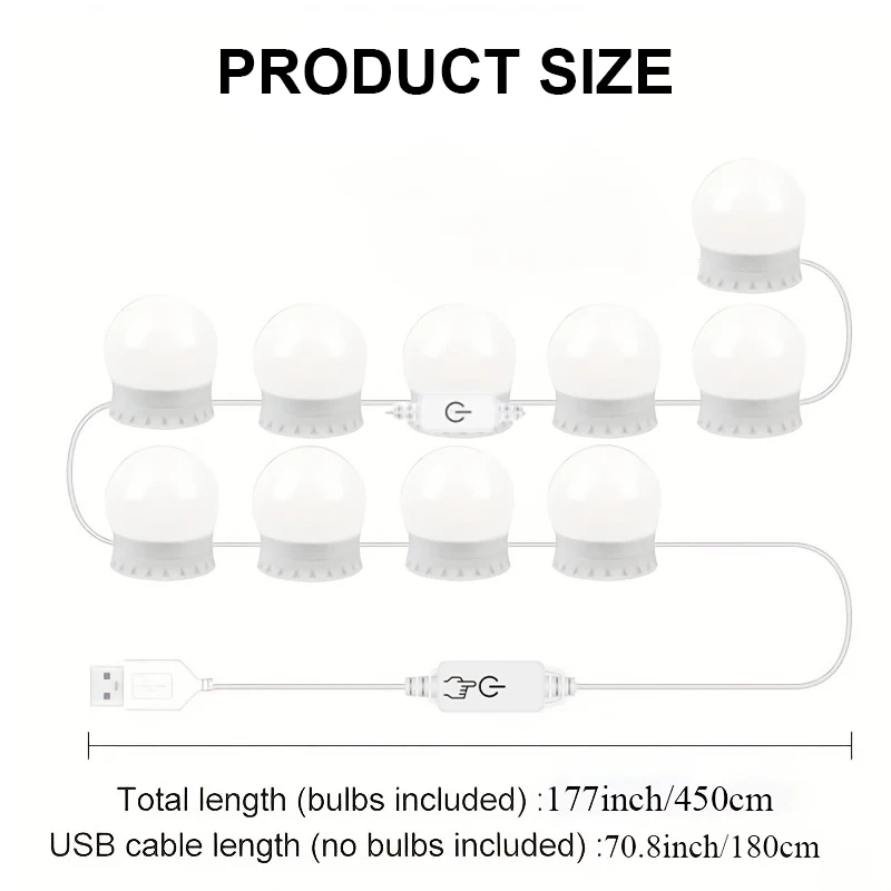 10 LED Vanity Mirror Light Bulbs Kit,Dimmable Hollywood Makeup Wall Lamp with 3 Color Modes for Dressing Table,Bedroom,Bathroom view 6