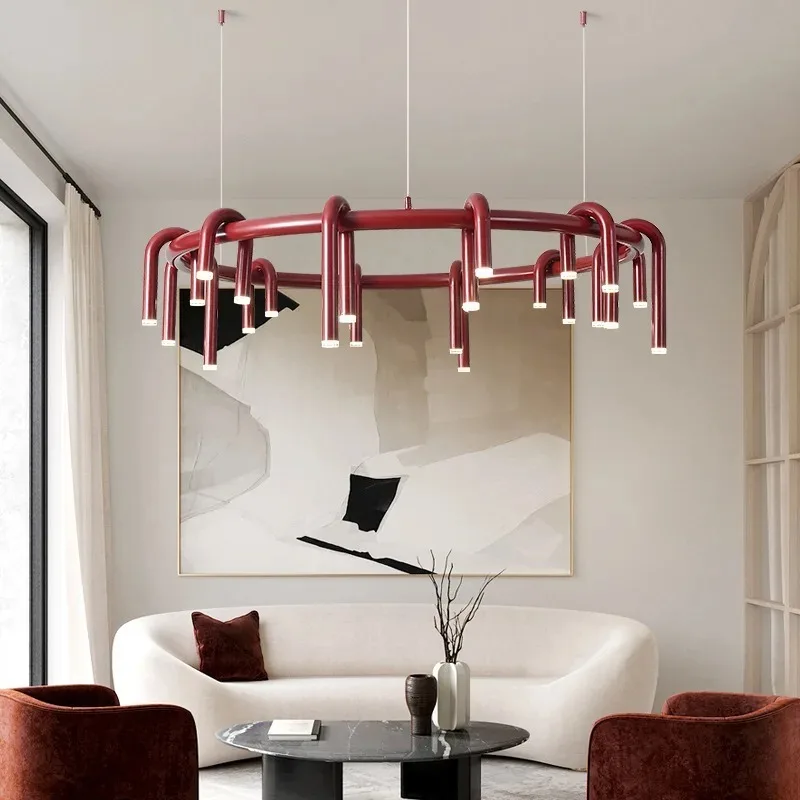 U-shaped Round Chandelier Designer Living Room Restaurant Hanging Led Lights Fixtures Dark Red Black