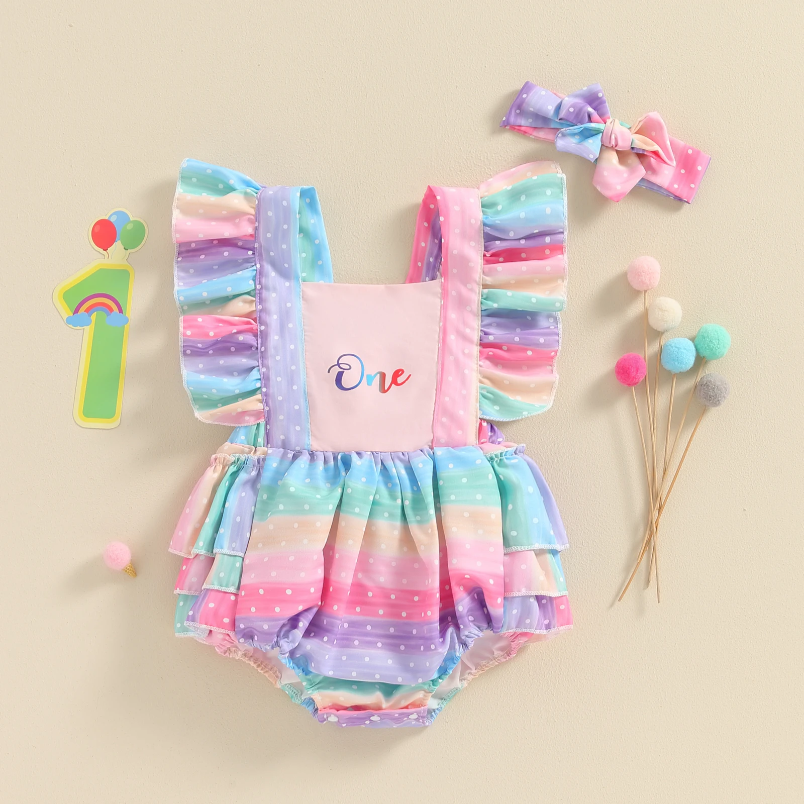 

Baby Girl 2 Piece Outfits, Letter Dot Print Square Neck Fly Sleeve Rainbow Romper + Headband Summer Set for Infant Toddler
