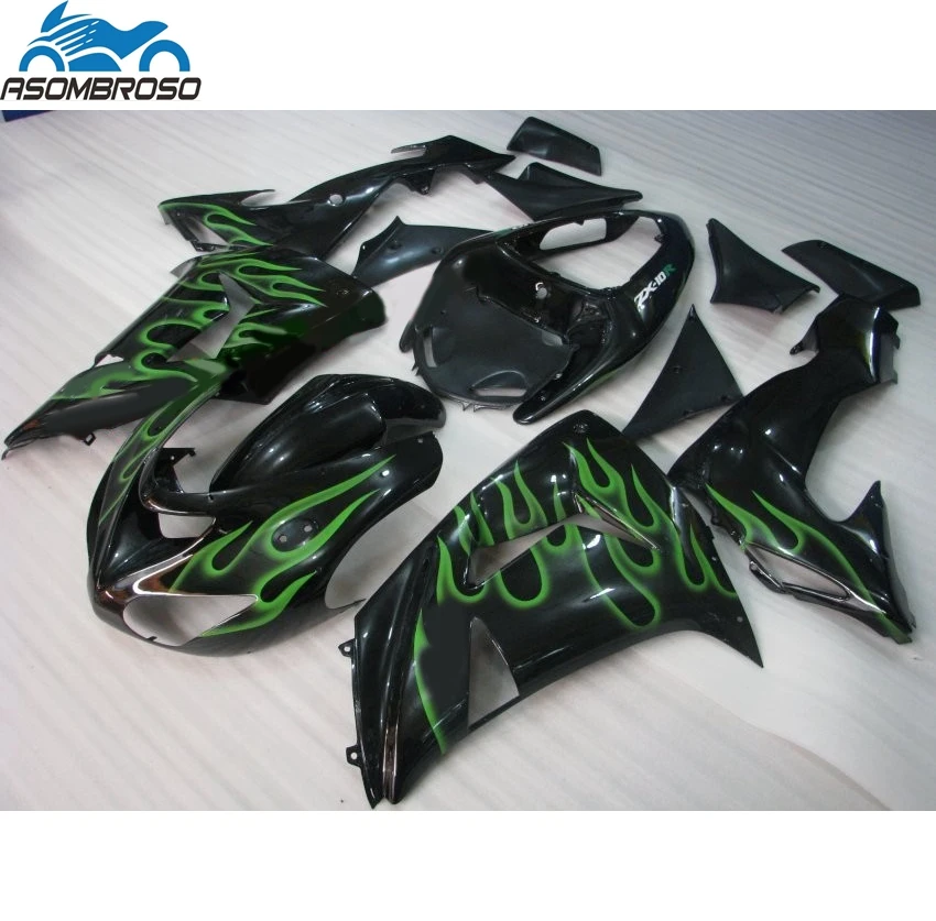 Chamas verdes preto carroçarias da motocicleta para kawasaki ninja zx10r kit carenagem 2006-2007 conjunto de carenagem de plástico zx10r 06 07 gh71