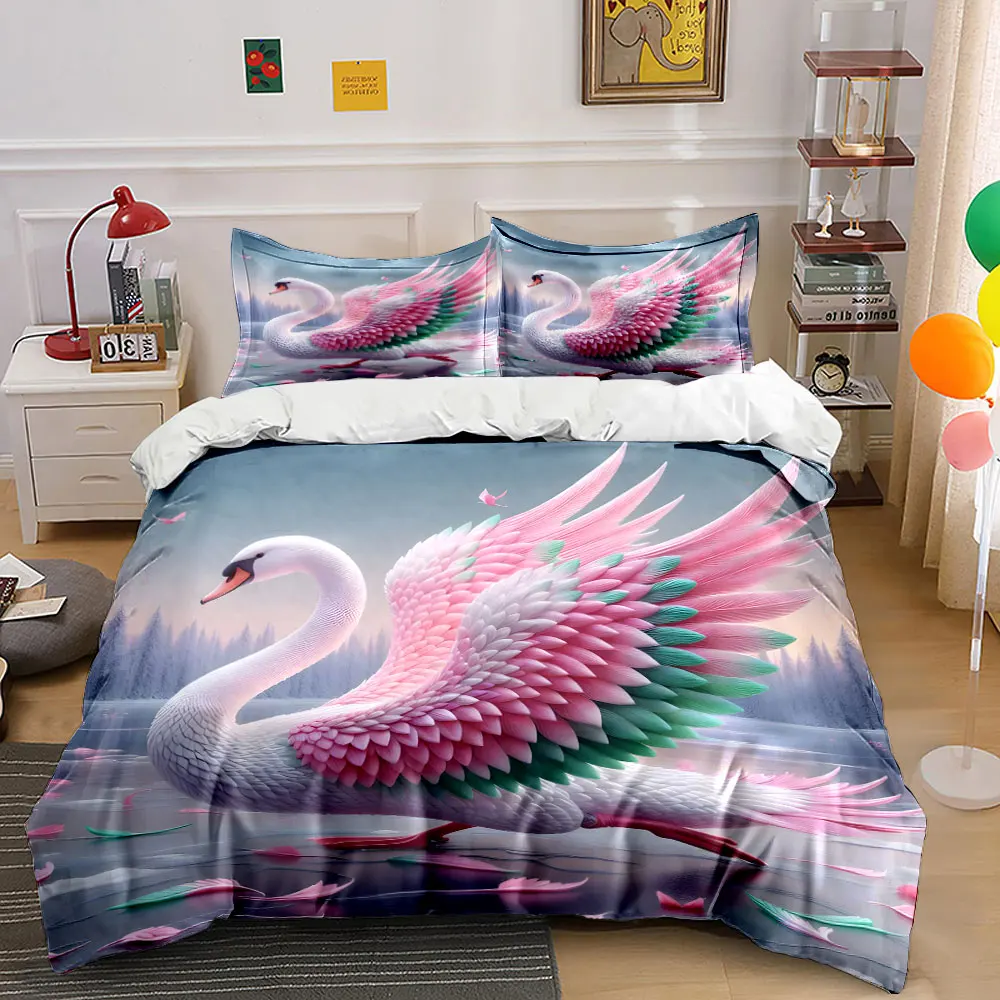 Elegant swan with colorful wings on icy lake Bedding Set for Kids Luxury Gift 3pcs Digital Print Comforter Set Soft Comfortable