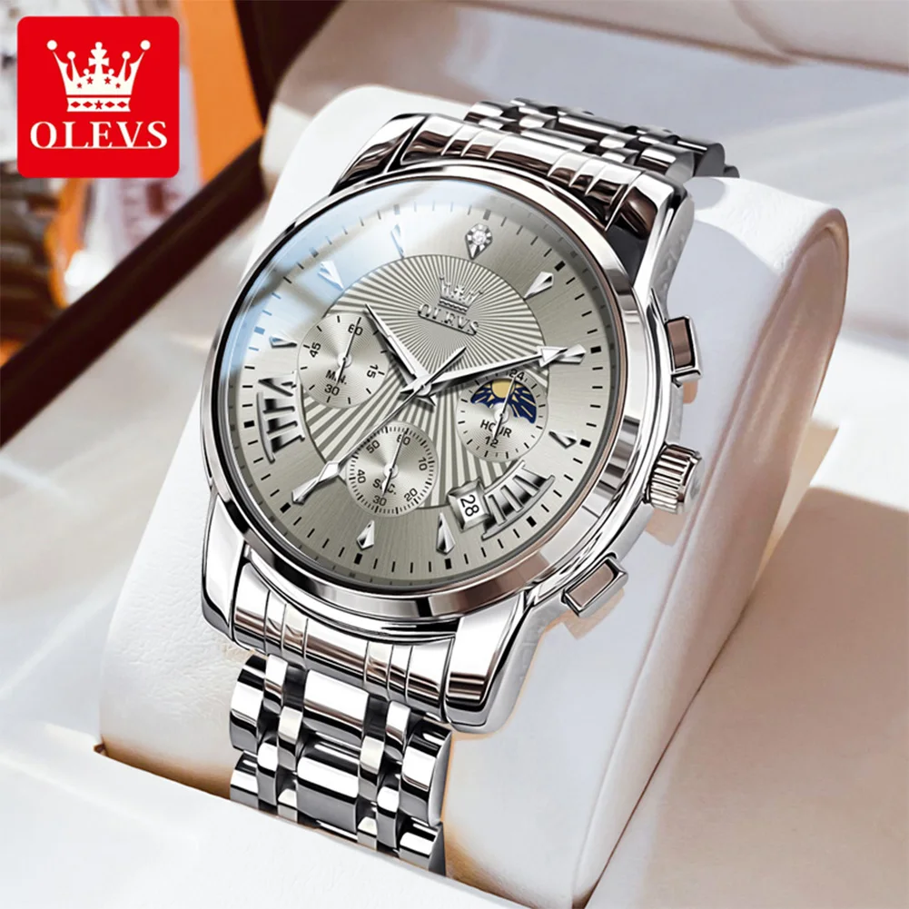 

OLEVS хронограф мужские часы лучший бренд класса люкс повседневные спортивные часы из нержавеющей стали водонепроницаемые 24-часовые кварцевые часы с фазой Луны мужские