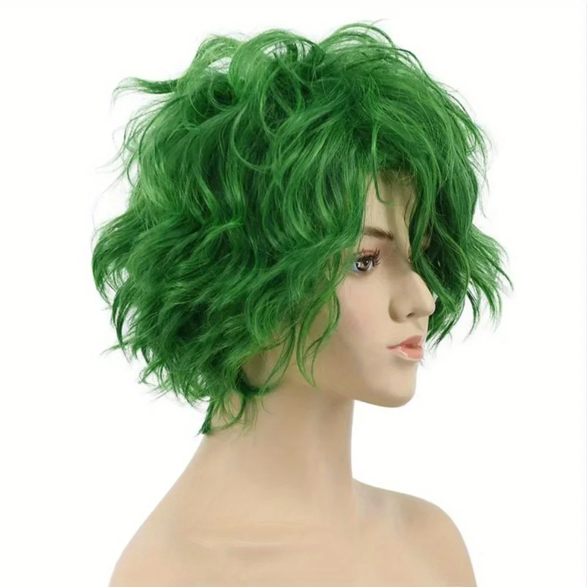 Fluorescent Green Short Curly Hair Chemical Fiber Synthetic Wig | Funny Party Clown Character Cosplay Wig view 3
