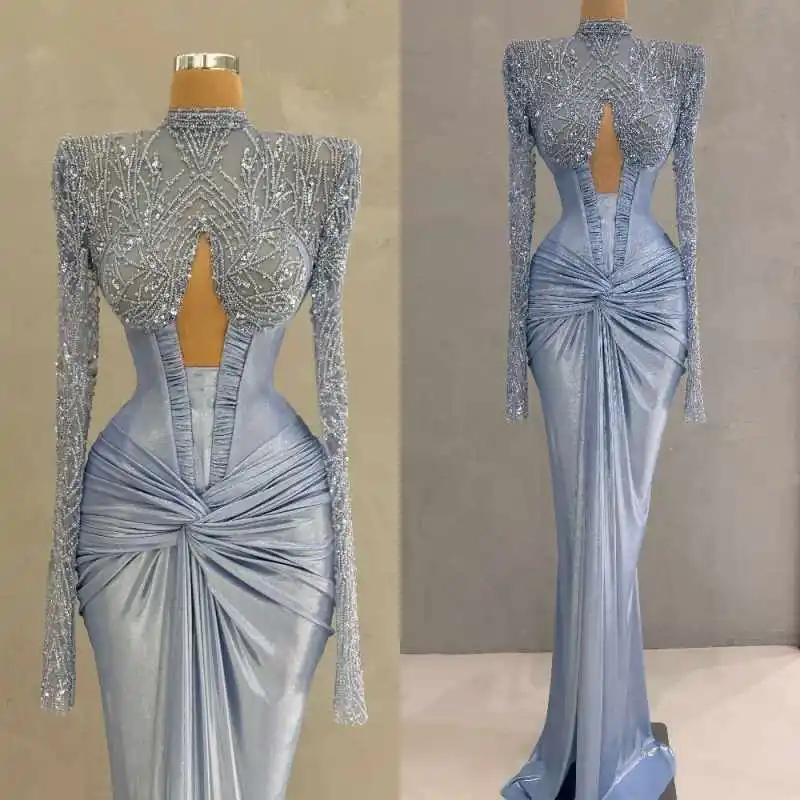 

Stunning High Neck Prom Gowns High Neck Long Sleeve Mermaid Evening Dresses Beaded Special Occasion Party Customized