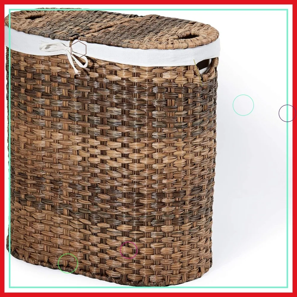 

Premium Handwoven Portable Laundry Basket with Removable Liners, 2-Compartment Storage for Clothes & Linens