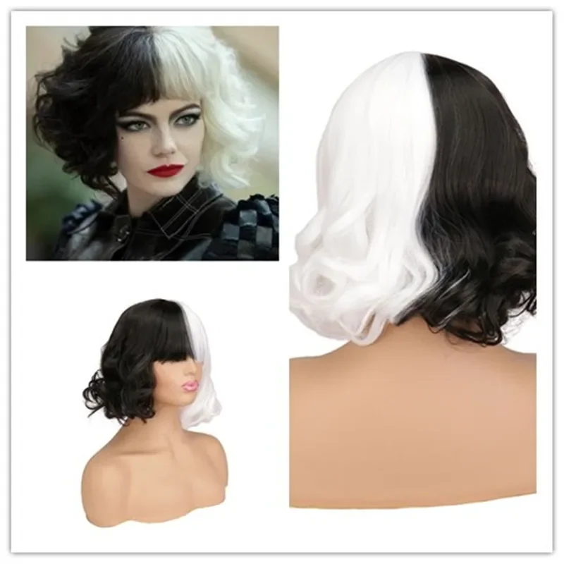 new movie Cruella Wig Short Wigs for Halloween Cosplay Women Black White Synthetic Hair Wig   Wig Cap