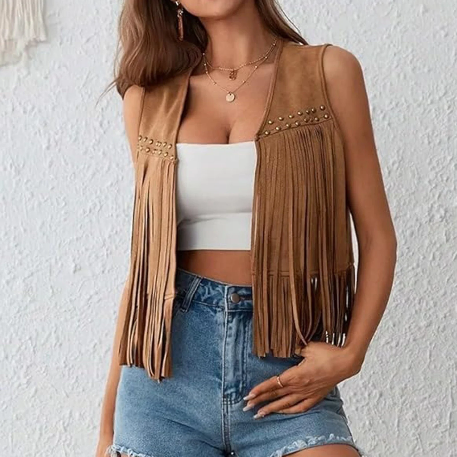 Women Vintage Sleeveless Faux Suede Fringe Vest Rivets Leather Western Boho Tassel Jacket Open Front Hippie Cardigan