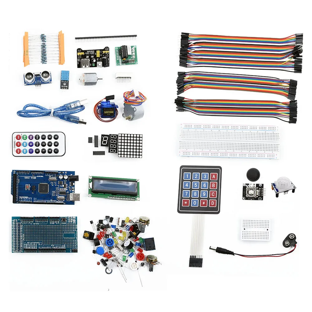 For Arduino For Mega2560 Compatible Project Kit with Breadboard Wires Resistors Potentiometers LEDs and Sensor Modules
