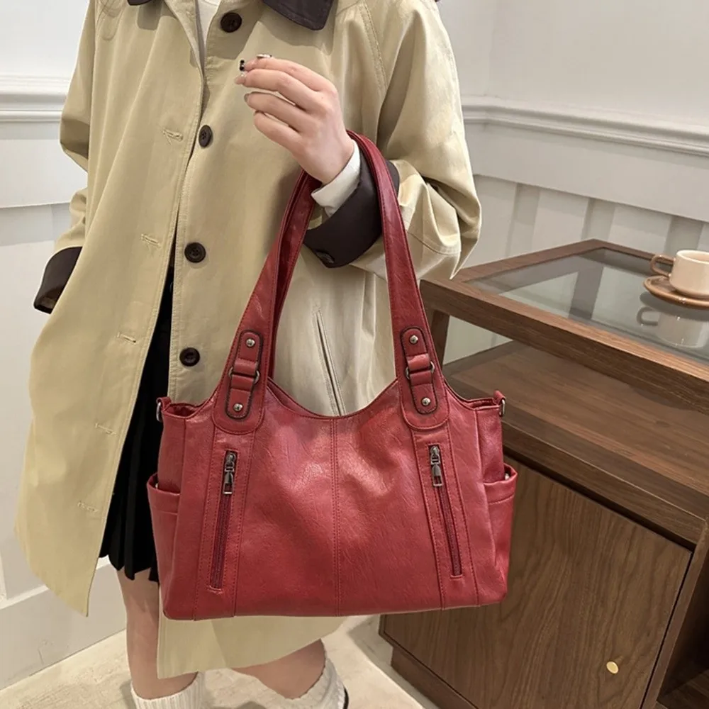 

Casual Retro PU Shoulder Bag Locomotive Style Soft Commuting Handbag Waterproof Large Capacity Underarm Tote Bag Work