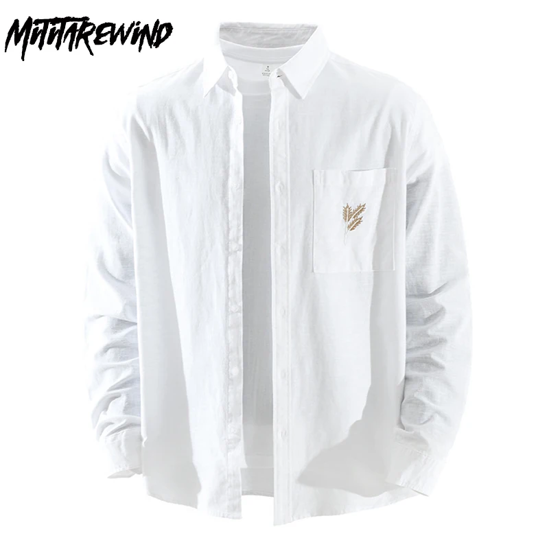 

Spring Summer New Cotton Linen Shirt Men Japanese Style Casual Shirts Lapel Pocket Long Sleeve White Shirt Men Breathable Top