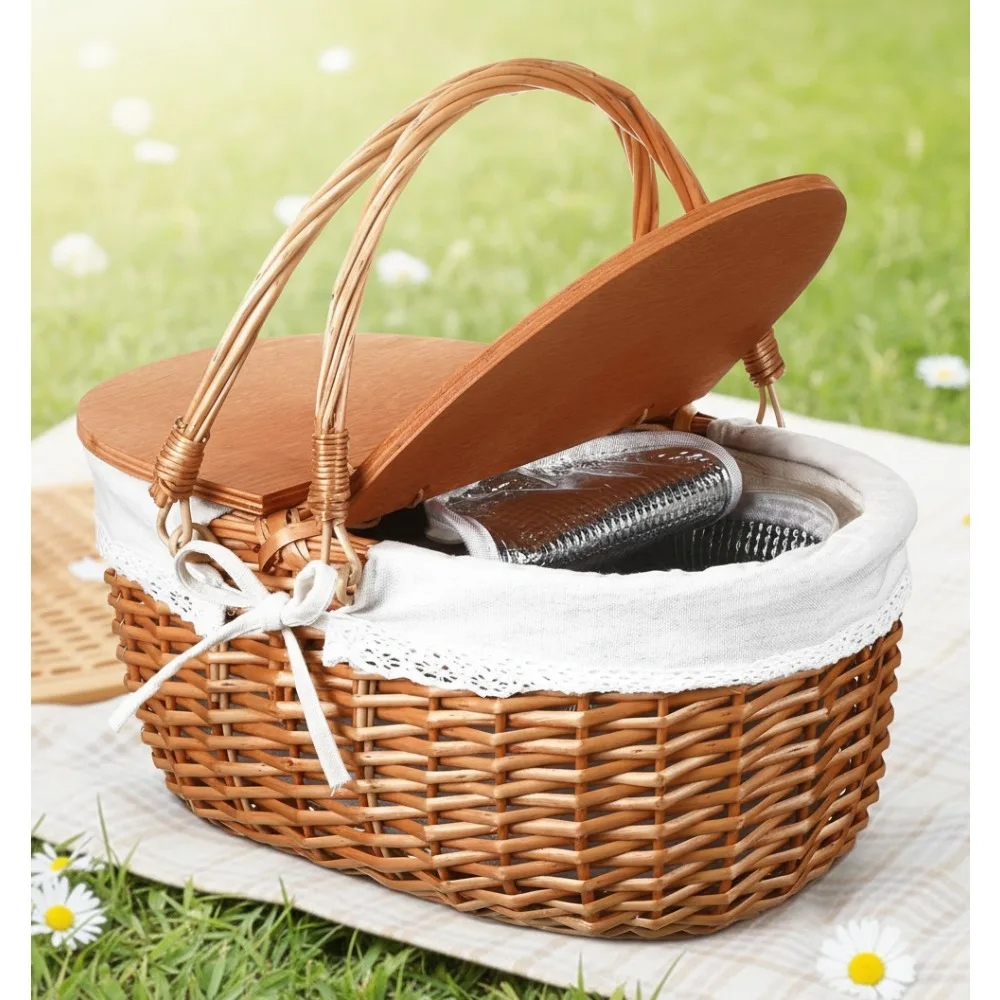 

Insulated Wicker Picnic Basket with Cooler Bag - Portable Outdoor Camping Gift for Valentine Easter Birthday