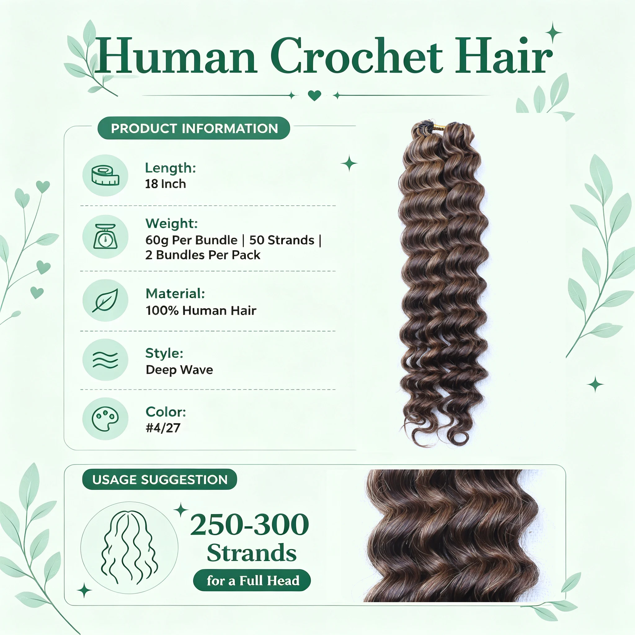 #4/27 Highlight Colored  Boho Braids Deep Wave Feather Crochet Human Hair Extensions Pre-Separated Invisible Miracle Knots Crochet Hair 100% Raw Brazilian Human Hair for Braiding Lightweight Reusable Versatile Time-Saving Hairstyles for Women - view 5