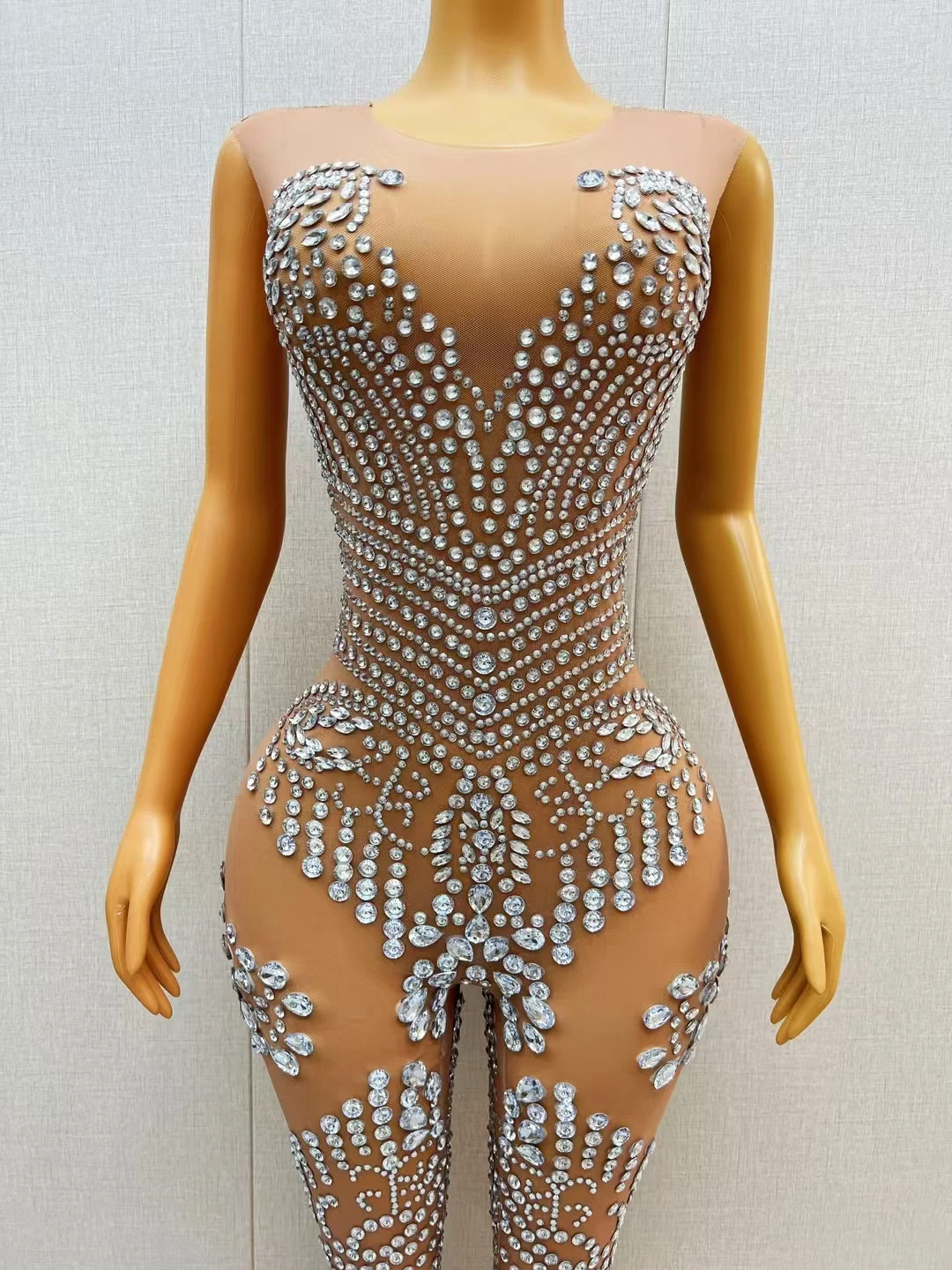 High-quality Mesh Sleeveless Sparkly Crystals Jumpsuit Birthday Party Outfit Sexy Women Dance Tight Fitting Jumpsuit Shuijingku