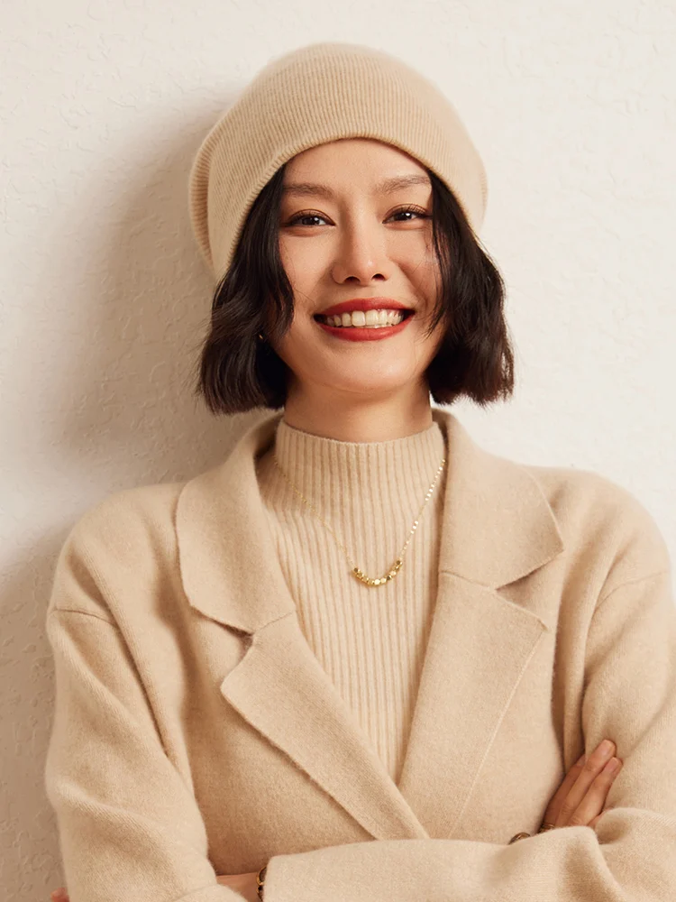 新しい秋冬女性の 100% カシミヤ二重層暖かいカシミヤニット帽子高品質厚いカジュアルカシミヤ帽子