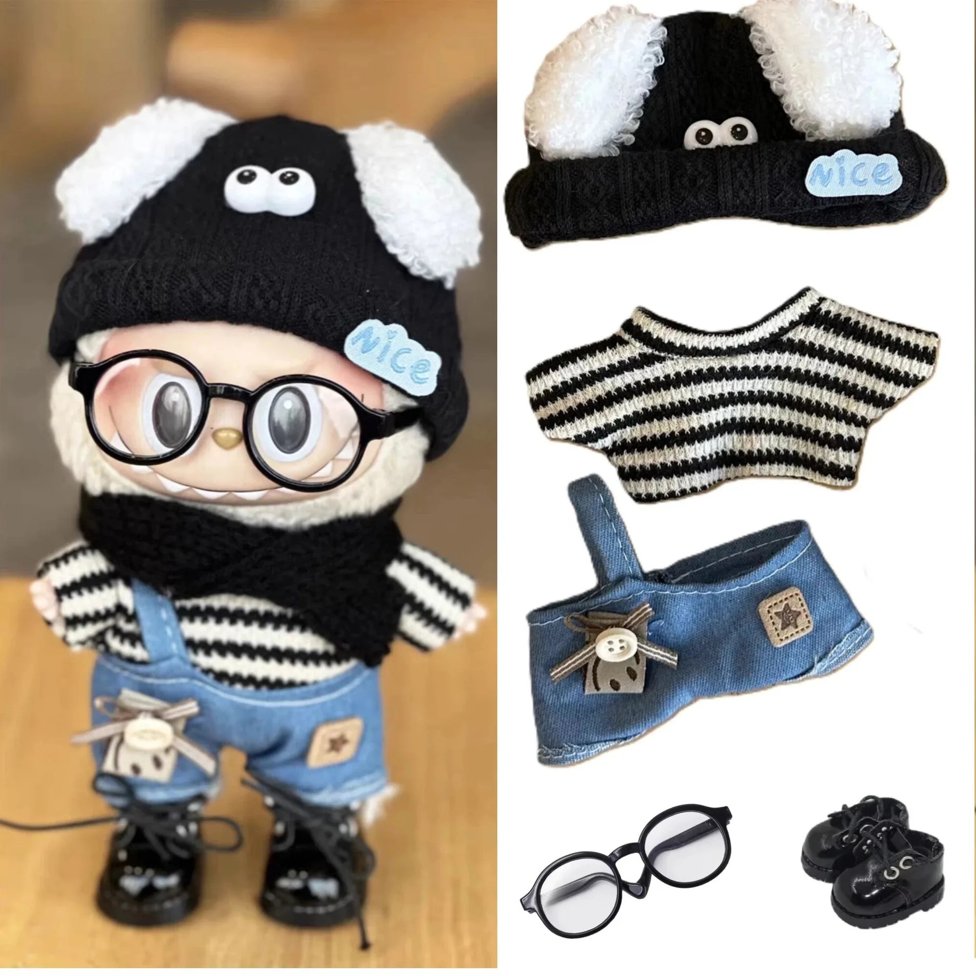 17cm Labubu Clothes V1/V2 Designer Clothes Set -Trendy Dog Hat & Denim Strap Outfit with Striped Shirt, Kawaii Doll Fashion Ropa