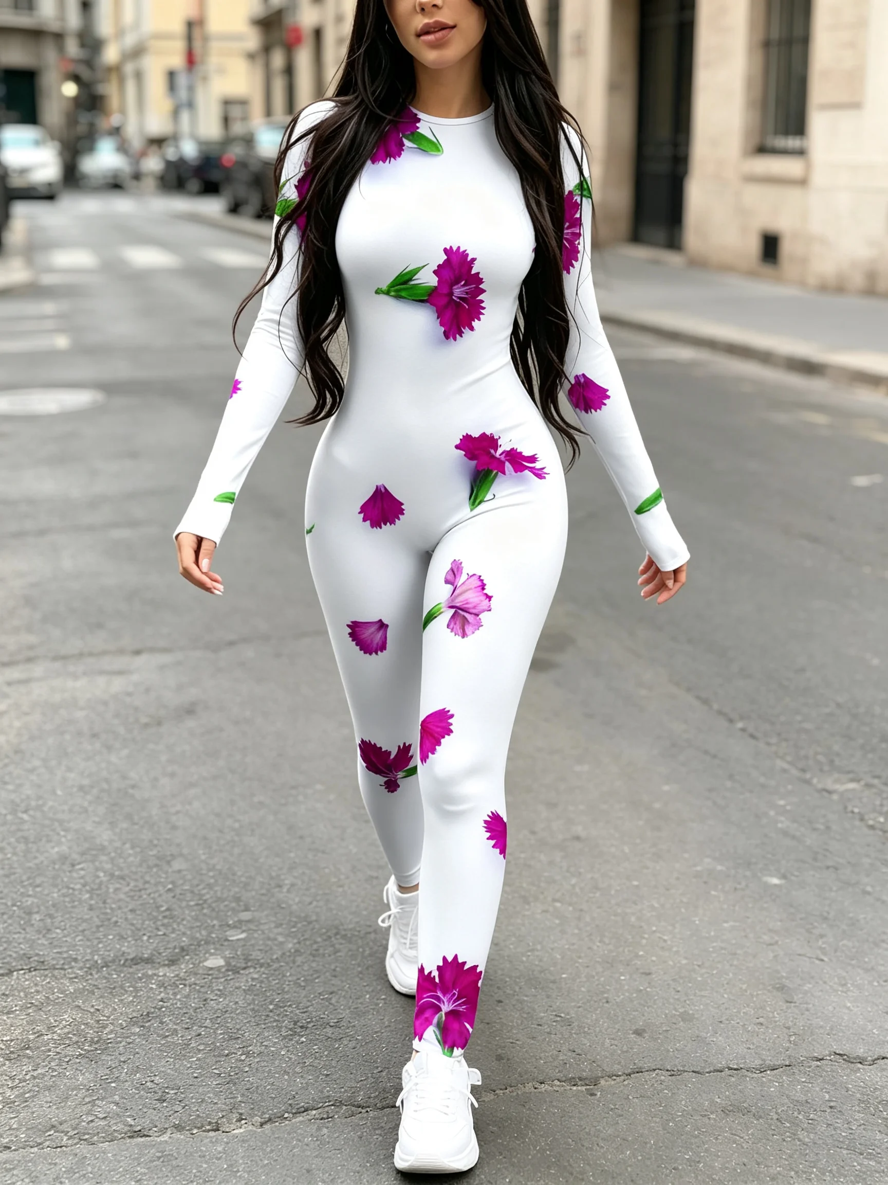 Rundhals-Langarm-Jumpsuit mit elastischem und enganliegendem Schnitt, um die Figur zu betonen, Damen-Jumpsuit. – Detail 7