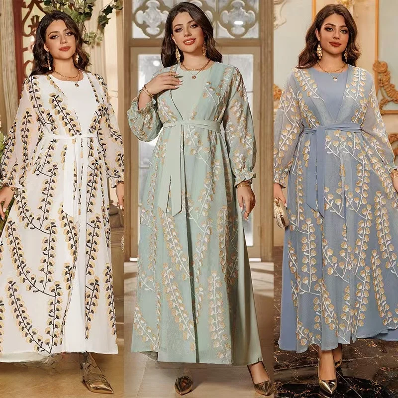 

New Middle East Embroidered Dr Two-Piece Set Long Sve High Waist A-Line Skirt Lantern Sve Sle Autumn Faion Women...