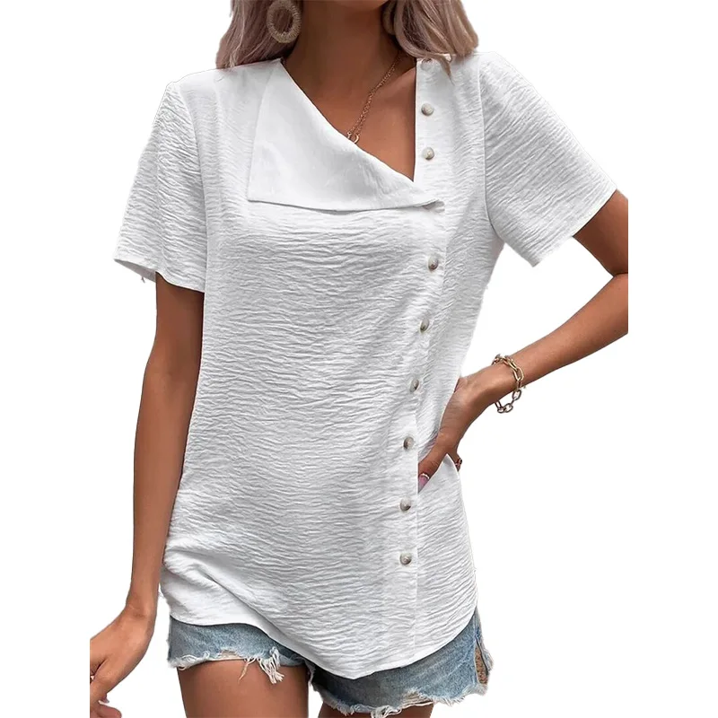 New Women Vintage Asymmetric Button white Shirt top Summer Fashion Short Sleeve Office Lady Blouse Solid Loose Tops Blusas