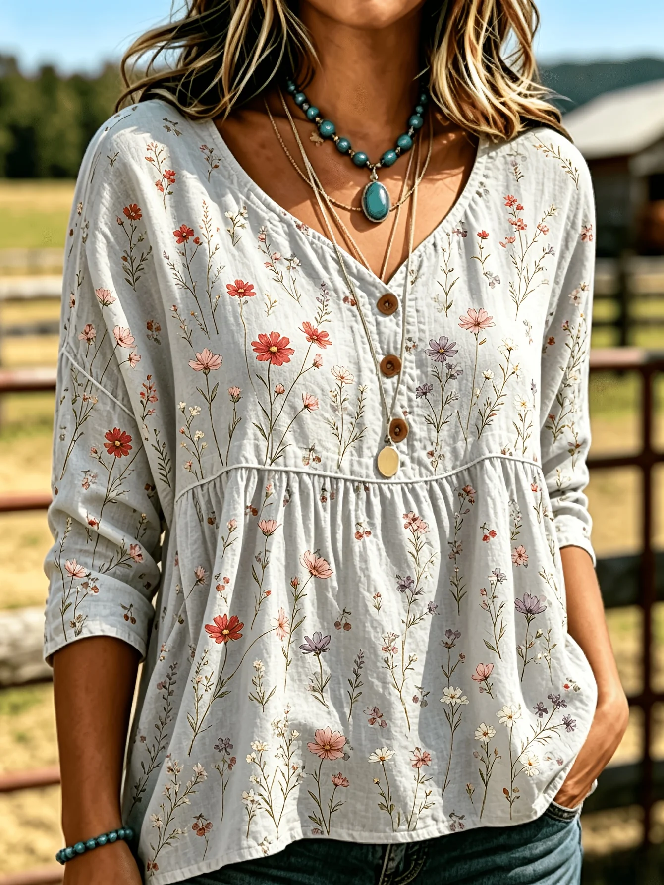 Women Western 3/4 Sleeve Babydoll Blouse, Beige Paisley Geometric Print, V Neck Button Henley Tunic for Country Daily Outfits