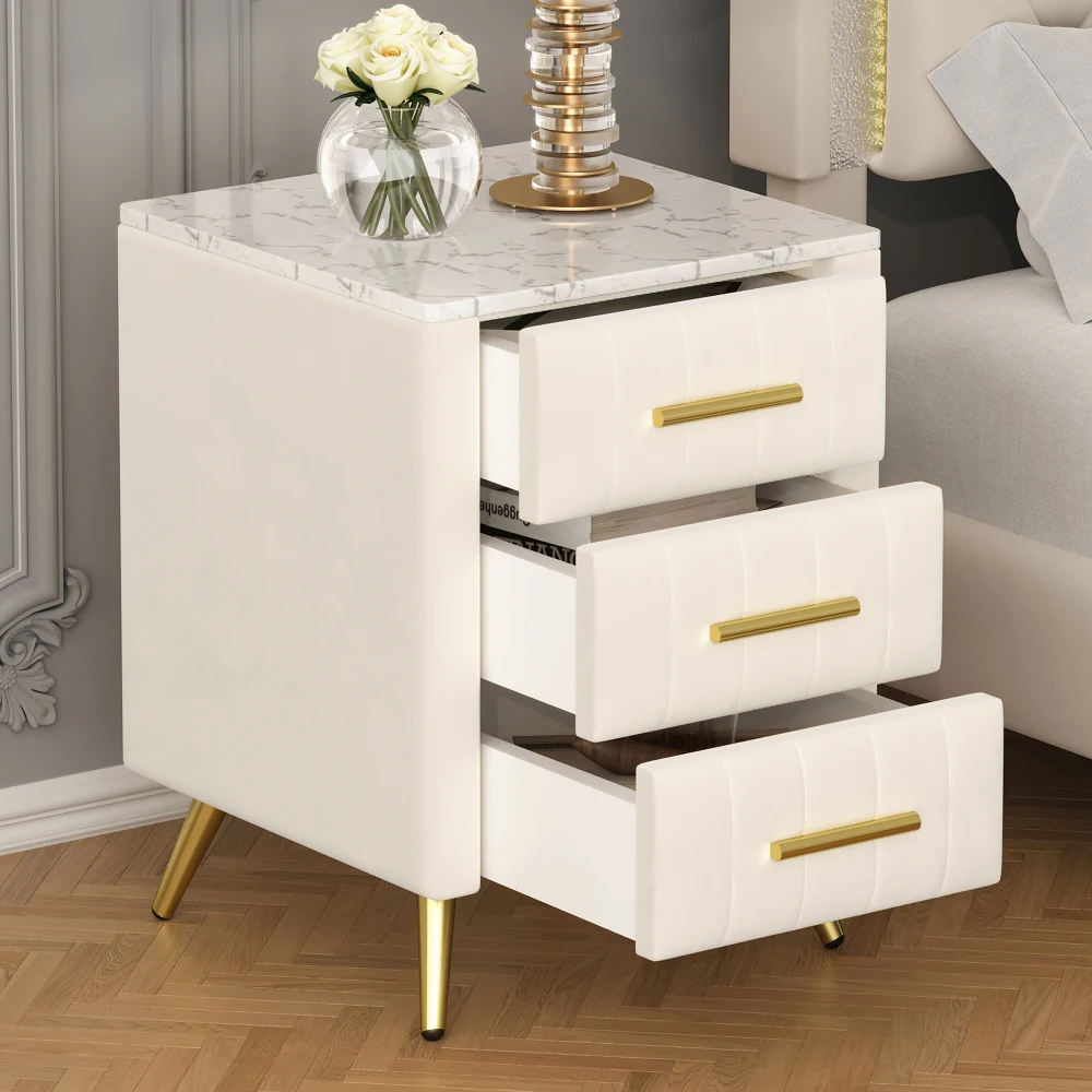 

Upholstered Wooden Nightstand with 3 Drawers and Metal Legs&Handles, Bedside Table with Marbling Stickers Worktop - Beige
